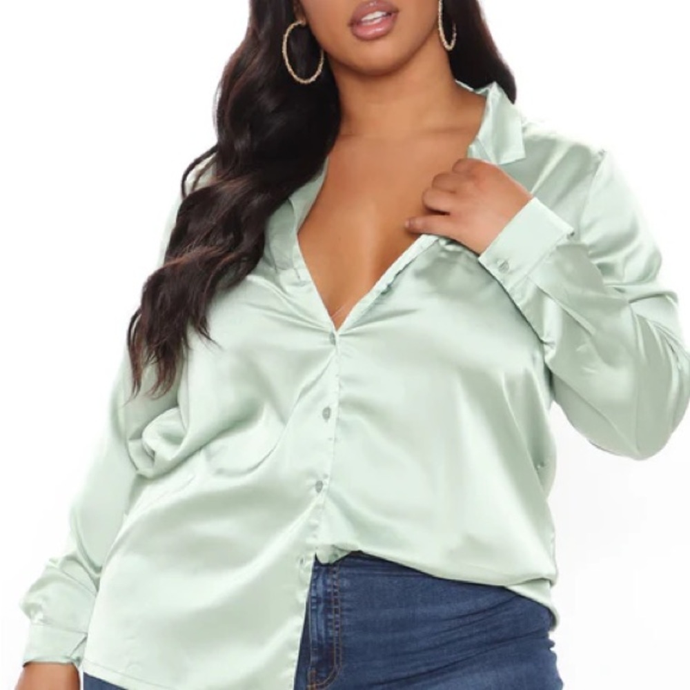 Fashion Nova Take a Sleek Peak satin shirt size 3XL color Sage green.